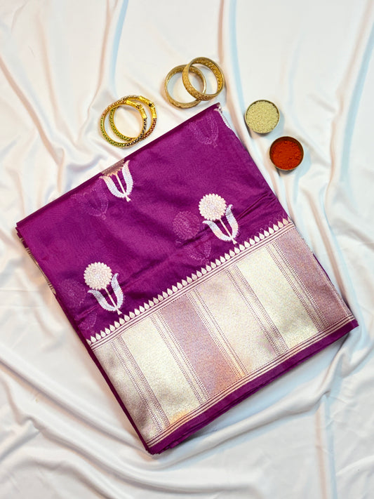 Rich Magenta Dupion Silk Saree with Floral Butas & Temple Zari Border