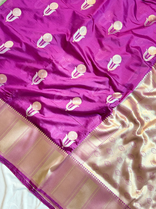 Rich Magenta Dupion Silk Saree with Floral Butas & Temple Zari Border