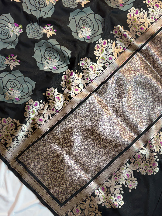 Striking Black Katan Silk Saree with Large Rose Motifs & Meenakari Border