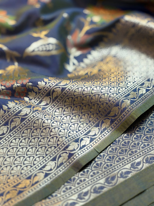 Exquisite Indigo Blue Katan Silk Saree with Meenakari Floral Jaal & Zari Pallu
