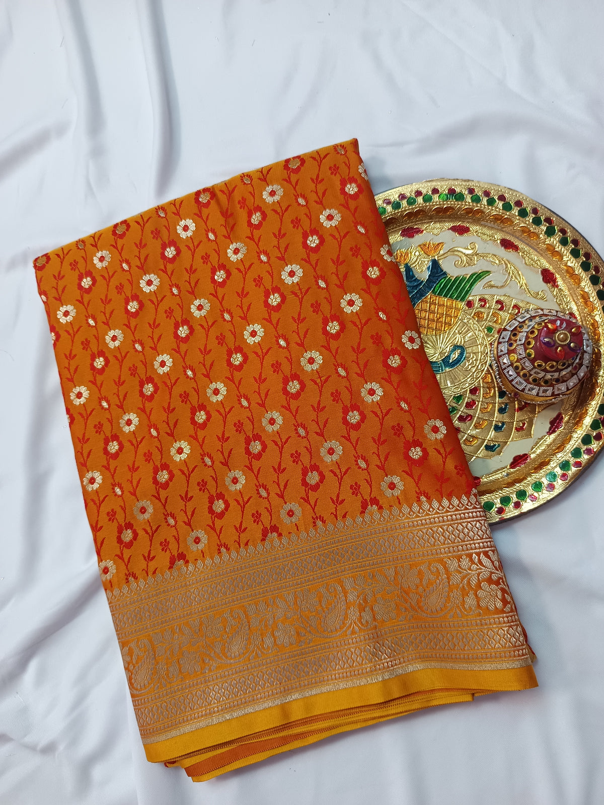 Vibrant Mustard Orange Katan Silk Banarasi Saree with Floral Jaal