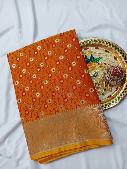 Vibrant Mustard Orange Katan Silk Banarasi Saree with Floral Jaal