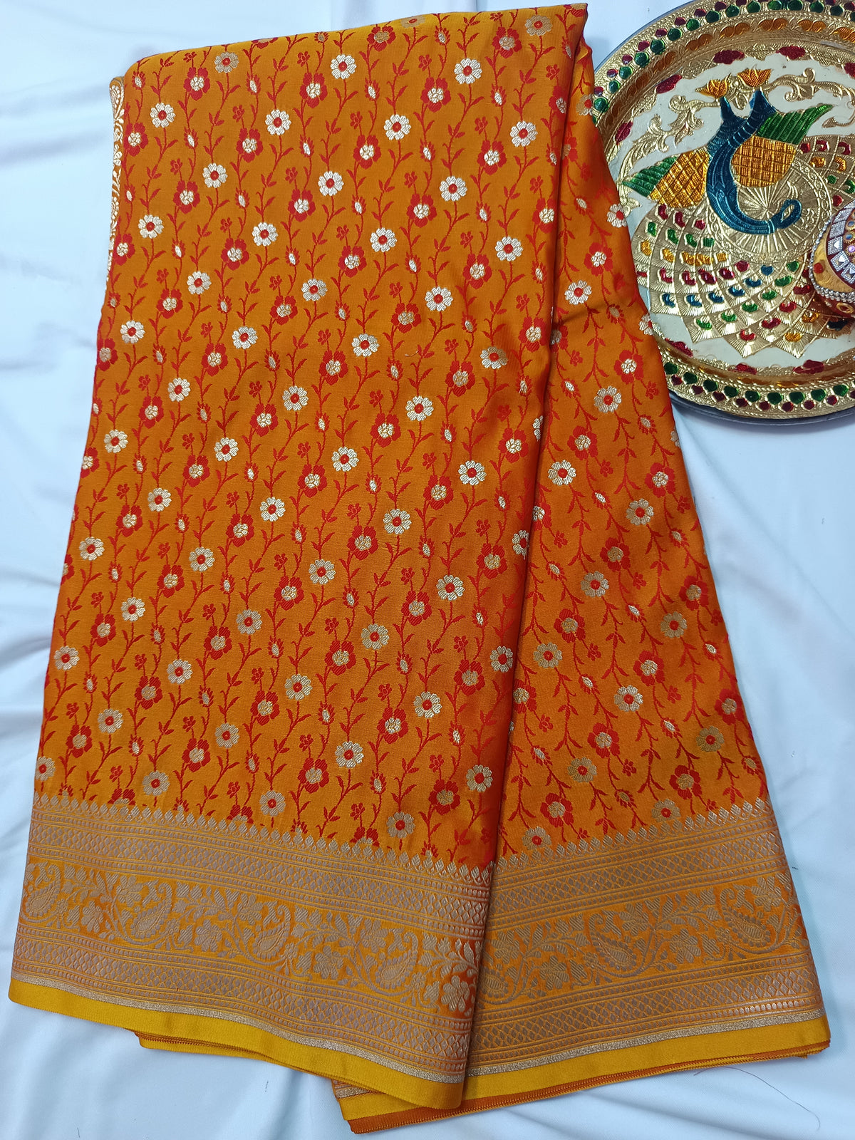 Vibrant Mustard Orange Katan Silk Banarasi Saree with Floral Jaal