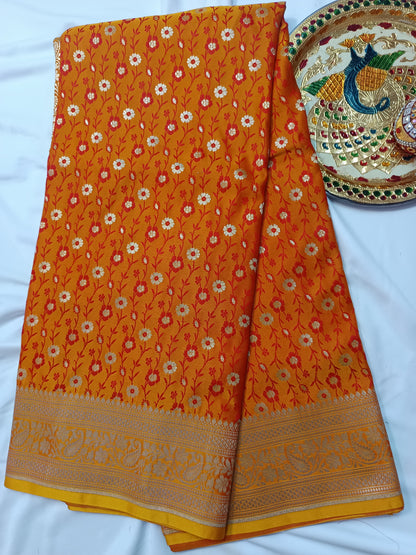 Vibrant Mustard Orange Katan Silk Banarasi Saree with Floral Jaal