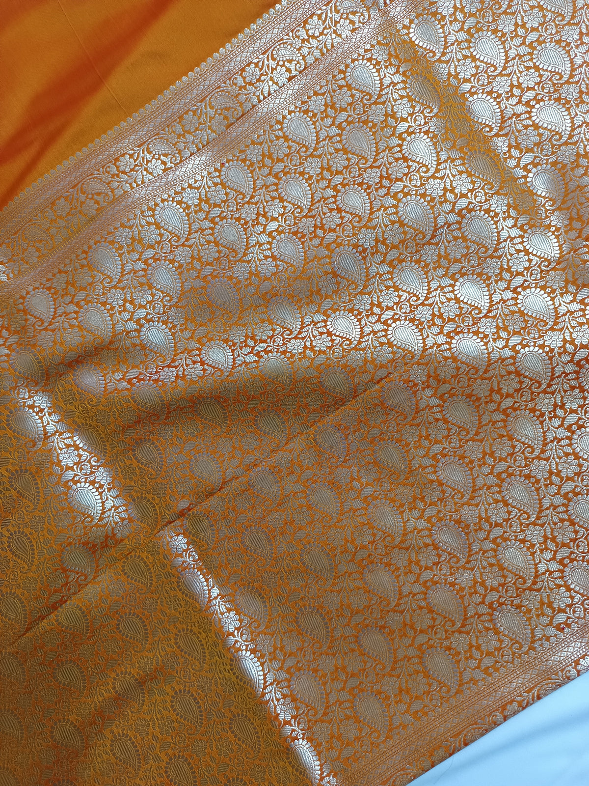 Vibrant Mustard Orange Katan Silk Banarasi Saree with Floral Jaal