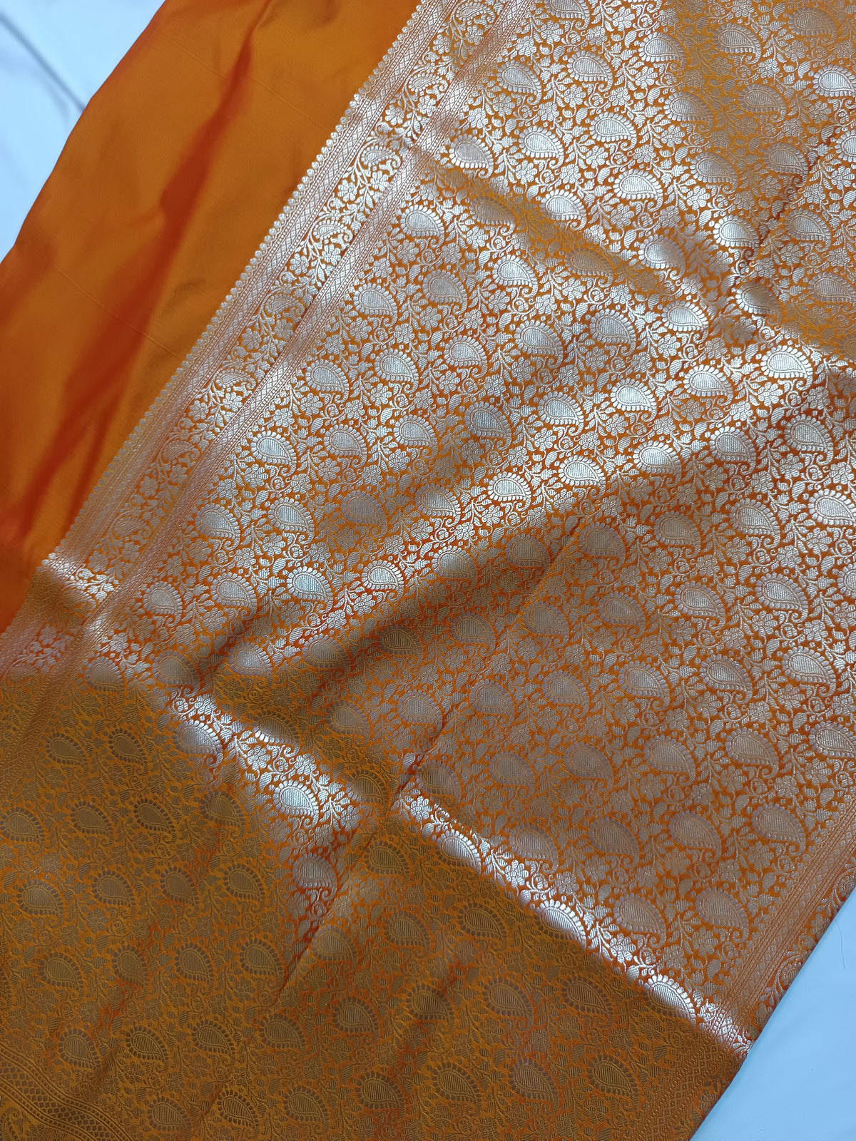Vibrant Mustard Orange Katan Silk Banarasi Saree with Floral Jaal