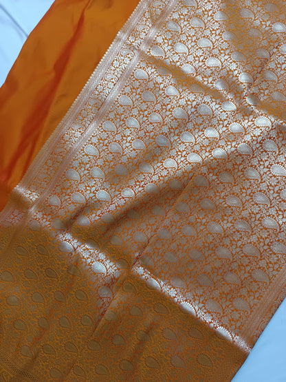 Vibrant Mustard Orange Katan Silk Banarasi Saree with Floral Jaal