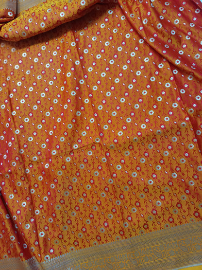 Vibrant Mustard Orange Katan Silk Banarasi Saree with Floral Jaal