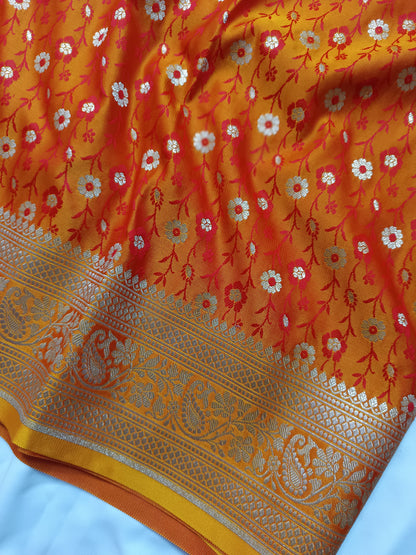 Vibrant Mustard Orange Katan Silk Banarasi Saree with Floral Jaal