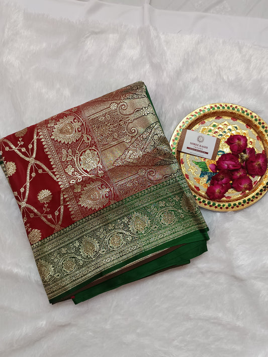 Red Siroski Katan Silk Banarasi Saree with Gold Criss-Cross Checks