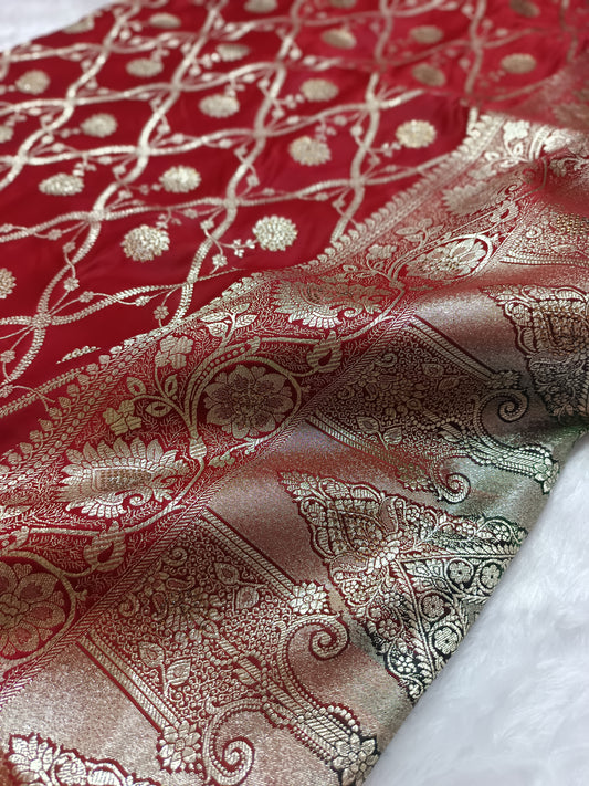 Red Siroski Katan Silk Banarasi Saree with Gold Criss-Cross Checks