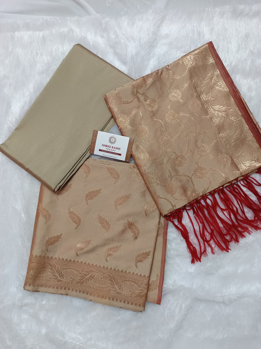 Beige Gold Katan Silk 3-Piece Unstitched Banarasi Suit