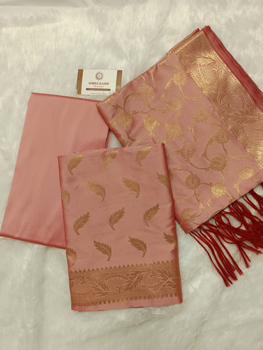 Peach Katan Silk 3-Piece Unstitched Banarasi Suit