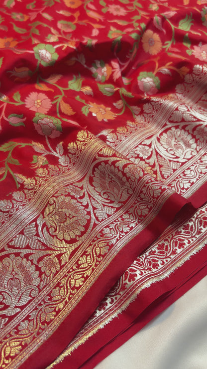 Vibrant Red Katan Silk Saree with Meenakari Floral Jaal & Silver Zari Border